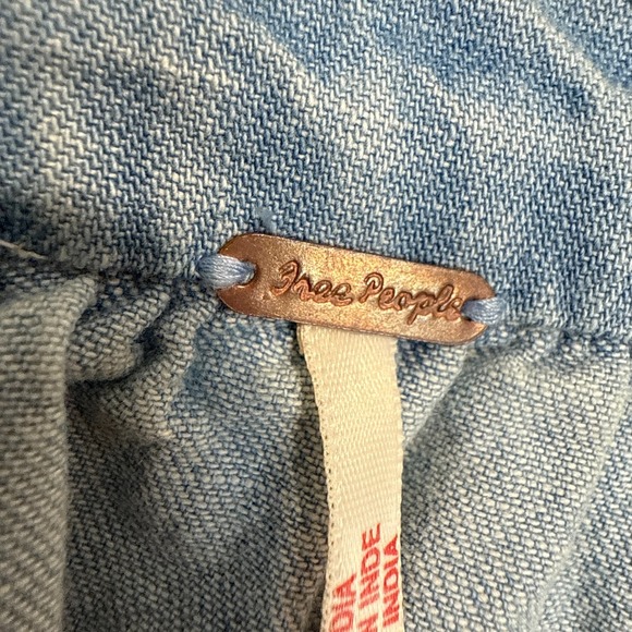 Free People Sonora Denim Mini Dress Women Medium Relaxed Babydoll Square 3/4 Tie - Picture 8 of 15